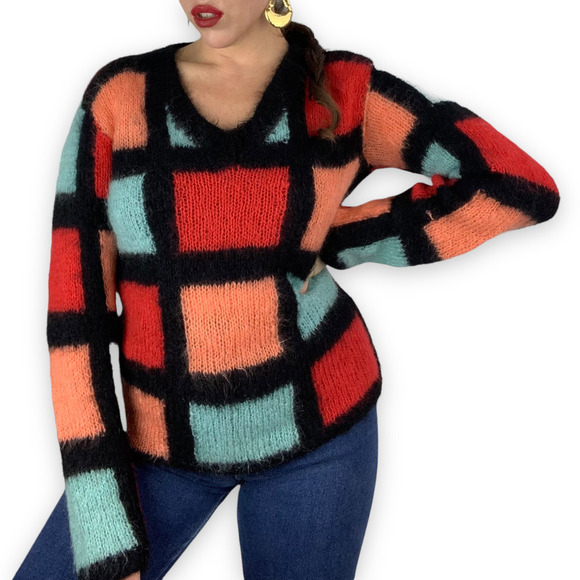 70's hand knitted mohair color block sweater - Picture 10 of 14